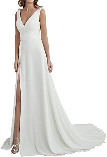 Geshun Cheap Ivory Sexy V Neck Beach Wedding Dress For Bride Long Prom Bridal Gown With Side Slit US14