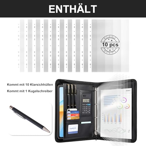 Leathario A4 Conference Folder, Writing Case with Ring Binder, Zip, Ring Binder Portfolio, Document Folder, Writing Pad, Black