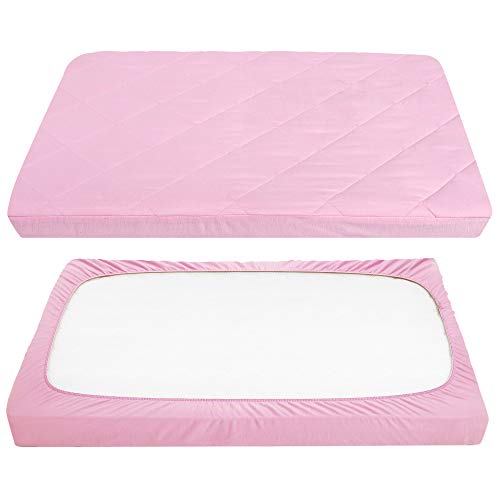 TILLYOU Cloudy Soft Pack and Play Sheet Quilted, Breathable Thick Play Yard Playpen Sheets, 39″x27″x5″ Fit Mini/Portable Crib Mattress Pad Pack N Play Mattress Pad, Jade Pink