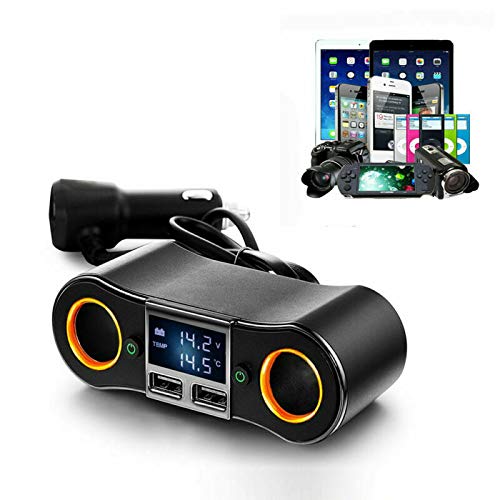 USB power strip Cigarette Lighter Extension, Riloer 12V and 24V Adapter Charger Car Truck Boat Dual USB 2-way socket LED display Voltmeter 120 * 40 * 50 mm