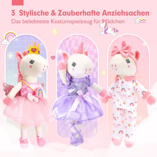 hahaland Plush Toy Unicorn Toy from 3-8 Years, Soft Ballet Unicorn Rag Doll Cuddly, Unicorn Cuddly Toy Set with 3 Clothing Set for Dressing, Unicorn Gifts for Girls 3 4 5 6 7 Years