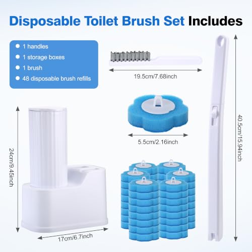 Seivunol Disposable Toilet Brush Set with 48 Disposable Replacement Heads and 1 Crevice Brush, Wall Brush with Long Handle and Holder for Toilet Cleaning Basin and Tub
