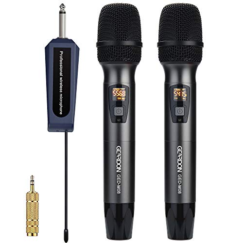 GEARDON Wireless Microphone System Dual 48 X 2Channel Cordless Mic Set 2 Handheld UHF Metal Karaoke Microphones with Rechargeable Receiver for Parties Singing Church