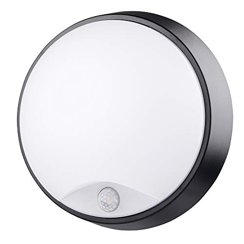 14W LED 4000K IP65 Flush Wall ceiling Mounted Round circular Bulkhead Light Fitting with Motion Sensor PIR for Indoor,Outdoor,Bath,Office,Hallway,Corridor,Utility,Garden,Shed,Workshop, black — image 1