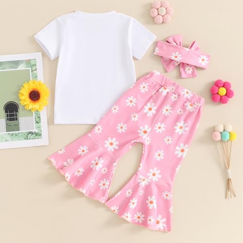 TODDLER BABY GIRL CLOTHES SHORT SLEEVE LETTER PRINT T-SHIRT TOPS FLOWER FLARE PANTS 3PCS BELL BOTTOMS OUTFITS (PINK, 2-3 YEARS)