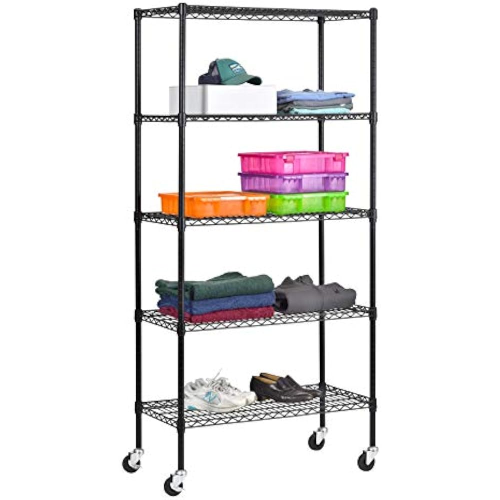 MWS361872BLK 5 Shelf Black Wire Mobile Shelving Unit, 72" Height, 36