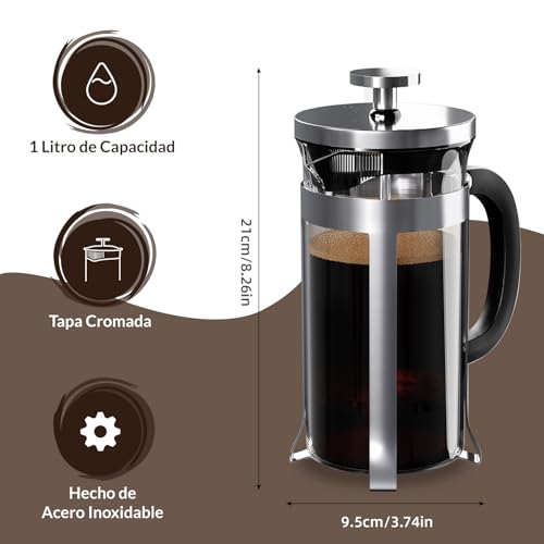 Prensa Francesa De Vidrio,Cafetera Prensa Francesa 1 Litro De Vidrio Resistente a Altas Temperaturas y Acero Inoxidable, Para Preparar Café o Tisana, Ideal Para Café Molido e Infusiones (Transparente)