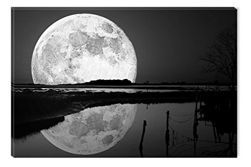 Startonight Canvas Wall Art Black and White Abstract Full Moon on the Water Landscape, Framed Artwork Picture Home Decor for Living Room, Unique Luminous Wall Art Minimalism Piece 32" x 48"
