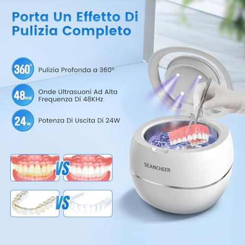 SEANCHEER Ultrasonic Cleaner 48000Hz Ultrasonic Cleaner | 180 ml | UV Lamp Dental Pod for | Bite Bruxism Night | Dental Implants | Teeth Appliance | Retainer | Aligners | (White)