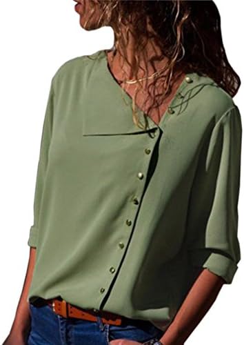 Jeazi Womens Long Sleeve Button Detail Loose Fitting Chiffon Casual Blouse Solid Tops