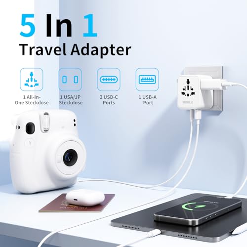 5 in 1 Universal Travel Adapter,Universal Travel Socket with 1 USB A,2 USB C,1 Universal Socket,1 US/JP Socket and Adapter International Plug for Italy UK US Australia Thailand Mexico