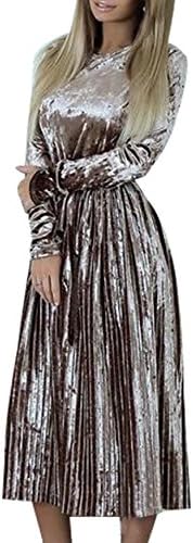 Women's Long Sleeve Dress Velvet Fit and Flare Ruched Bandage Maxi Dress Brown XL