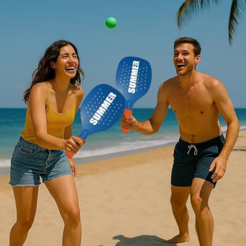 Pair of Summer Padel Beach Tennis Rackets with Soft Ball Set Wooden Rackets Sea, Beach and Garden, Beach Rackets