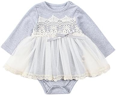 mikistory Infant Girls Newborn Grey Mesh Lace Floral Bodysuits Long Sleeve Dress Autumn Spring 12-18Months