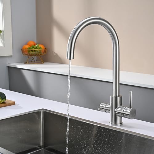 DETBOM 3 Way Kitchen Sink Tap for Osmosis Systems, 3 in 1 Double Lever Drinking Water, Hot and Cold, 360° Swivel, Stainless Steel, Brushed Silver