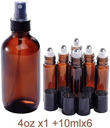 4oz and 10ml (1+6) Spray Bottle and Roller Bottle Set, Empty Refillable Glass Bottles, Stainless Steel Roll On Balls, Black Fine Mist Sprayer, for EO, Tonner, Perfume or DIY Mosquito Repellent Amber