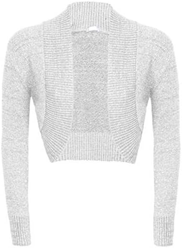 Womens Girls Long Sleeve Knitted Metallic Lurex Shrug Ladies Evening party Bolero Cardigan-£5.99, Sizes 8-14 (S/M(8-12), White)