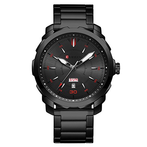 RBStyle curren mens fashion watches black steel luxury quartz watch (Black-red)