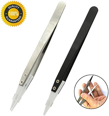 2 Pieces Precision Ceramic Tweezers Heat Resistant Non-conductive Anti-Magnetic Pointed Tweezers for Pinching Coils Vaping Electronics Jewelry-making,Black and Silver