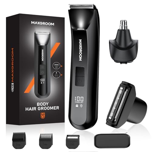 MAXGROOM Men's 3-in-1 Crops Hair Clipper, Complete Care Kit for Body, Beard, Nose and Ears, Ceramic Blade, IPX7 Waterproof, LED Display & USB-C Versatile Electric Shaver for Sensitive Areas