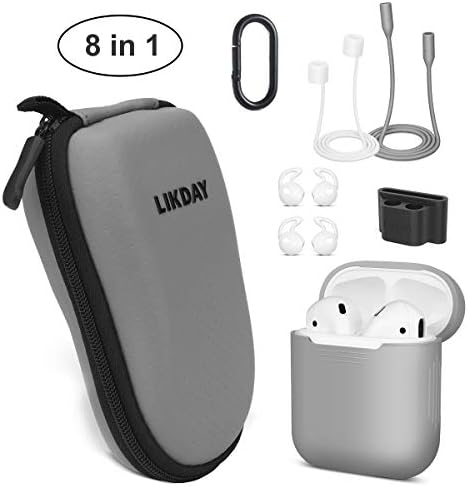 8 in 1 Airpods Accessory Set Likday Eva Hard Box Silicone Case Cover Sets for Airpods 2 & 1 with Holder, Earhook, Headphone Case, Strap, Hard Shell Box, Key Chain