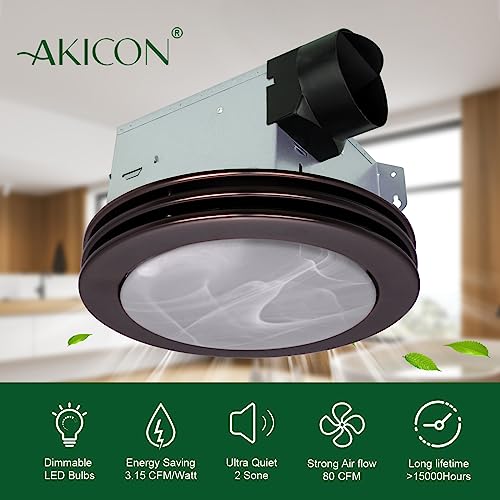 Akicon Ultra Quiet Bathroom Exhaust Fan With LED Light 80CFM 2.0 Sones Round Bathroom ...