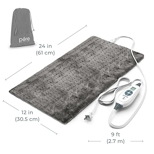 Pure Enrichment PureRelief XL Heating Pad - LCD Controller with 6 InstaHeat Settings for Cramps, Back, Neck, & Shoulder Pain Relief, Moist Heat Option, Machine Washable, 12" x 24" Storage Bag (Gray)