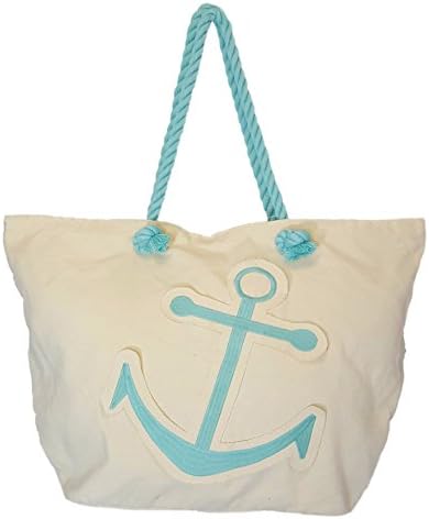Anchor Embroidered Patch Large Shopping Tote Bag - Rope Handles (Aqua)
