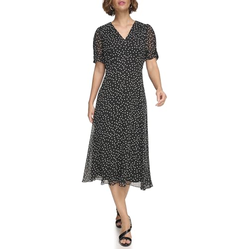 DKNY Women’s Short Sleeve Button Front Fit & Flare Midi Dress, Black/Cream
