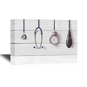 Clinic Medical Apparatus and Instruments on Wood Style Background
