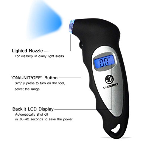 CJHFAMILY Digital Tire Pressure Gauge 100 PSI 4 Settings for Car Truck Bike and motorcycle with Backlit LCD