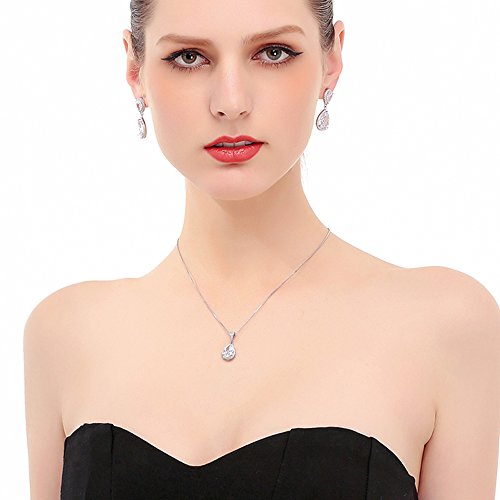 Crystal Jewelry Set for Women - AMYJANE Charming Pear-Shape Sterling Silver Full Cubic Zirconia Bridal Pendant Necklace Dangle Earrings Set