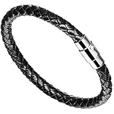 Forziani Authentic Braided Black Leather Bracelet for Men - Genuine Leather Bracelet with Stainless Steel Closure - Sz Large - Gift Box Packaged - Mens Gifts
