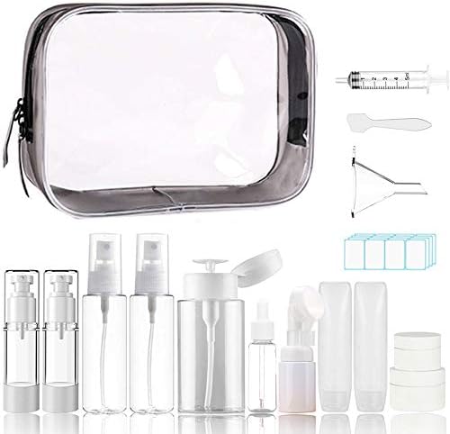 CNsoyee 16 PCS Travel Toiletries Refillable Container Set Accessories with Zip Bag Leak Proof FDA Certificated TSA Approved BPA Free- pump hose foamer spray bottle cream jars push down pump dispenser