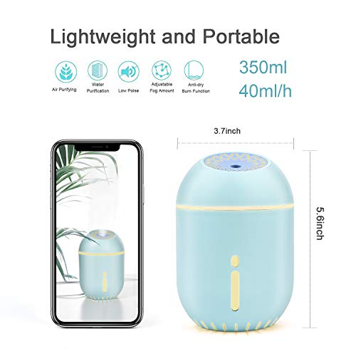 FHEAL USB Humidifier Mini Cool Mist Humidifier Cute Air Diffuser for Office Desk Bedroom Home Babies Kids Cars, LED Night Light,Waterless Auto-Off, 350ML 40ml/h Blue - Thumbnail 5