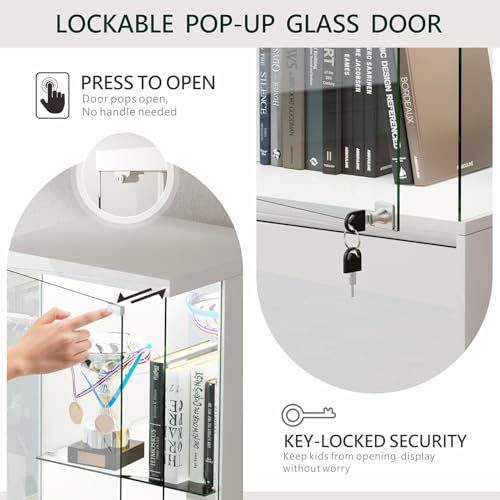 Lockable Curio Display Cabinet with Glass Door, 165cm Lighted Curio Cabinet with 3 Color Lights for Collectibles, 3-Tier Glass Display Case with Human Body Sensor for Living Room, White