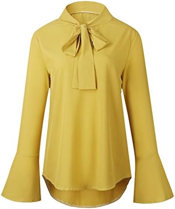 Laipelar Women Solid Chiffon Tie Bowknot Bell Long Sleeved Top Shirt Yellow XL