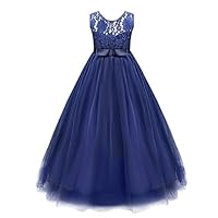 Big Girls Tulle Lace Princess Bowknot Dress Flower Girl Wedding Communion Evening Birthday Party Dress Navy Blue 5-6 Years