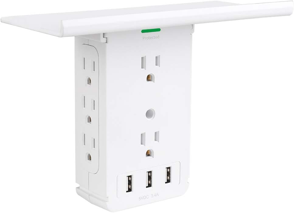 Power Charger Shelf-CFMASTER 11 Port Surge Protector Wall Outlet, 8 Electrical Outlet Extenders and 3 USB Ports 3.4A, with Removable Built-In Shelf and LED Indicator, FCC Listed, White - - 