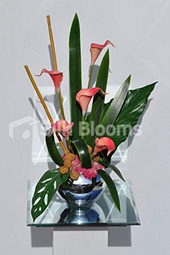 Silk Blooms Ltd Artificial Peachy Pink Tipped Fresh Touch Calla Lily and Craspedia Floral Arrangement w/Mirrored Fishbowl