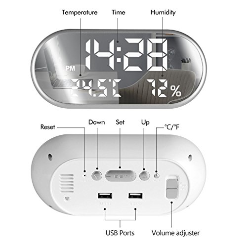 Digital Alarm Clock, Portable Mirror HD LED Display with Time/Humidity/Temperature/Display Function, 3 Brightness Adjustment, Dual USB Port Charging, Suitable for Bedroom, Office, Travel