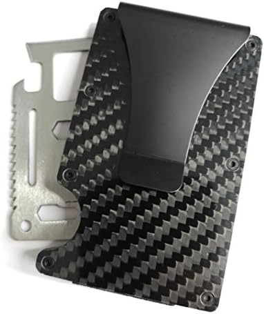 Carbon Fiber Minimalist Wallet for Men RFID Blocking Bundled with Multi Tool, Black