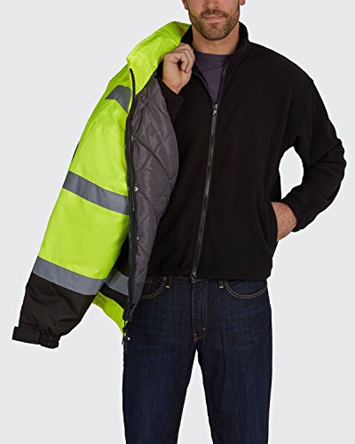 Reflective High Visibility Bomber Jacket: Outdoor Coat with Nylon Shell Teflon Coating & Removable Fleece Liner for Hunting & Construction - Medium