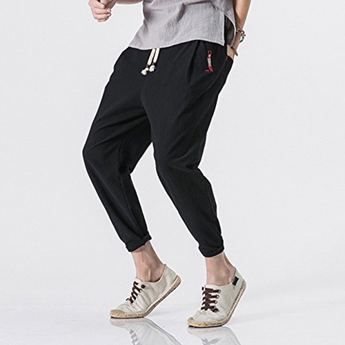 image for Hmlai Clearance Men's Cotton Linen Harem Pant Drawstring Elastic Waist