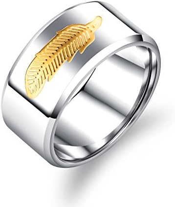 FCZDQ 10MM Stainless Steel Mens Rings Gold Feather Wedding Bands for Boys, Size 10