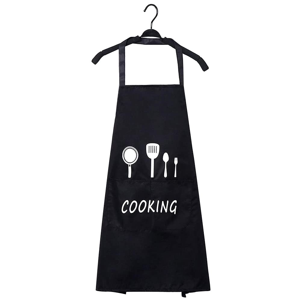 XCOZU Cooking Apron, Chefs Apron Kitchen Apron Aprons for Women Men Adults, Waterproof Oil Proof Black Apron with Pockets for Home Gardening Catering Baking BBQ Barista Restaurant