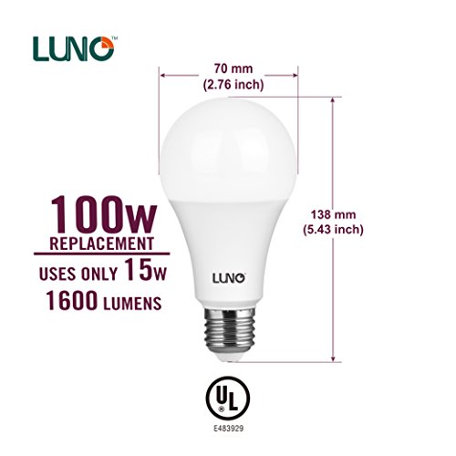 LUNO A21 Dimmable LED Bulb, 15W (100W Equivalent), 1600 Lumens, 4000K (Neutral White), Medium Base (E26), UL Certified (4-Pack)