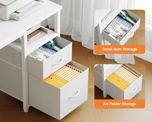 Coleshome Computer Desk with Drawers, 140×80 cm Corner Office Desk with Built-in Power Outlet, Reversible L Shaped Desk with Storage Shelves for Home Office, White