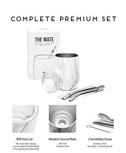 Balibetov [NEW] Modern 12 oz Yerba Mate Gourd Set (Mate cup) - Double Walled 18/8 Stainless Steel - Includes Two Bombillas and a Cleaning Brush (MARBLE)