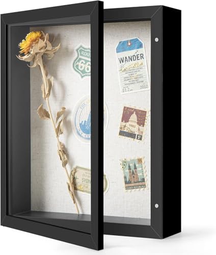 Shadow Box Picture Frame with Linen Board, 8x10 Memory Box Display Case for Flower Baby Pet Wedding Photo Craft Memorial Gift, Black